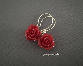 Red rose earrings, Rose earrings, Red flower earrings, Beauty and the beast jewelry, Dangle rose earrings, Bridesmaids earrings,