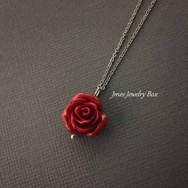Dark red rose necklace, Red rose pendant, Red rose jewelry, Red rose necklaces, Little rose necklace, Red flower necklaces