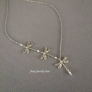 Silver dragonfly necklace with tiny freshwater pearls, Dragonfly trio necklace, Three silver dragonflies, Silver dragonfly necklace