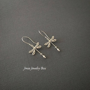 Silver dragonfly earrings with tiny freshwater pearls