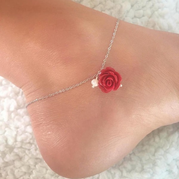 Red rose anklet with little cream freshwater pearl, Dainty red rose anklet, Delicate red rose anklet, Beauty and the best jewelry