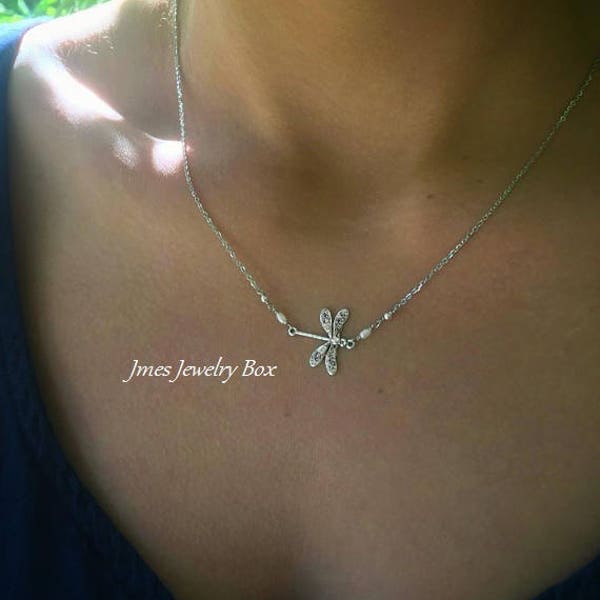 Silver dragonfly necklace with tiny freshwater pearls, Little dragonfly necklace, Sideways necklace, Silver insect necklace