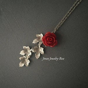 Red rose necklace with cascading silver leaves, Rose branch necklace, Red rose necklace, Red rose dangle necklace, Beauty and the beast