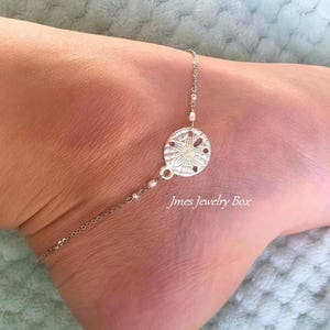 Silver sand dollar anklet with tiny freshwater pearls, Dainty sand dollar anklet, Little silver sand dollar anklet image 1