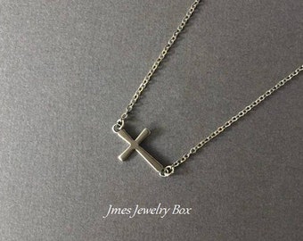 Tiny silver cross necklace, Sideways silver cross necklace, Little silver cross necklace, Simple silver cross necklace, Christian jewelry