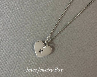 Silver heart necklace with hand stamped initial, Little heart necklace, Initial necklace, Letter necklace, Dainty heart necklace