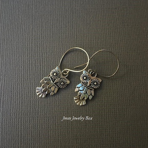 Little silver owl earrings, Little owl earrings, Silver owl earrings, Owl jewelry, Cute owl earrings, Dangle owl earrings