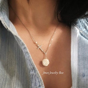 Silver cross necklace with mother of pearl rose, Lariat style necklace, Silver cross necklace, Silver cross jewelry, Christian jewelry
