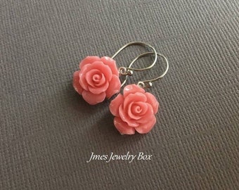 Light coral rose earrings, Pink flower earrings, Salmon pink flower earrings, Light coral flower earrings, Rose jewelry, Flower jewelry