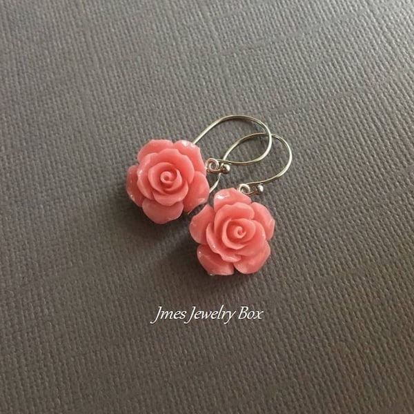 Light coral rose earrings, Pink flower earrings, Salmon pink flower earrings, Light coral flower earrings, Rose jewelry, Flower jewelry