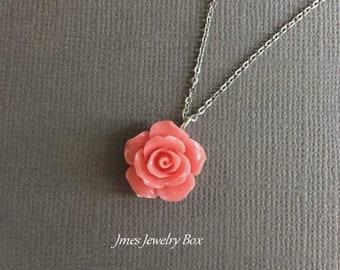 Light coral rose necklace, Light salmon rose necklace, Pink rose necklace, Pink flower necklace, Rose jewelry, Flower jewelry