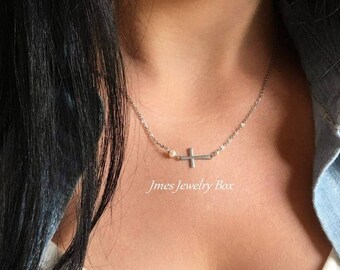 Tiny silver cross necklace with freshwater pearl, Sideways cross necklace, Tiny cross necklace, Little silver cross necklace