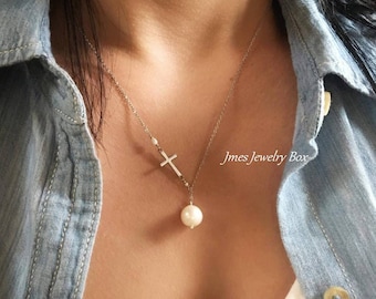 Silver cross necklace with cream freshwater pearls, Lariat style necklace, Silver cross necklace, Silver cross jewelry, Christian jewelry