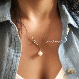 Silver cross necklace with cream freshwater pearls, Lariat style necklace, Silver cross necklace, Silver cross jewelry, Christian jewelry