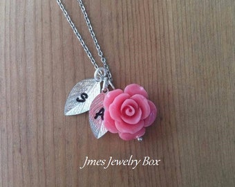 rose in resin rose pendant Rose with leaf Chain pendant rose pink rose