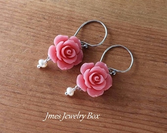 Pink rose earrings with cream freshwater pearls, Pink flower earrings, Pink floral earrings, Coral flower earrings, Salmon rose earrings