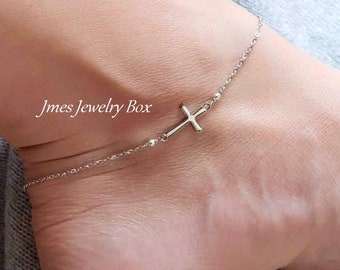 Little silver cross anklet, Tiny silver cross anklet, Sideways cross anklet, Christian jewelry, Dainty cross anklet