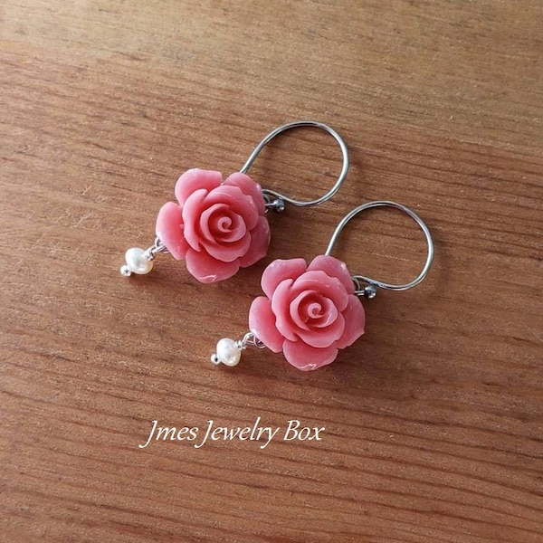 Pink rose earrings with cream freshwater pearls, Pink flower earrings, Pink floral earrings, Coral flower earrings, Salmon rose earrings