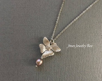 Silver flower necklace with freshwater pearl, Silver flower necklace, Simple flower necklace, Silver orchid necklace, Orchid necklaces