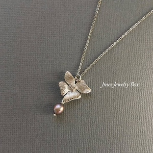 Silver flower necklace with freshwater pearl, Silver flower necklace, Simple flower necklace, Silver orchid necklace, Orchid necklaces