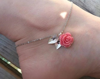 Pink rose anklet with initials, Personalized flower anklet, Salmon pink rose anklet, Coral rose anklet, Initial anklet, Flower anklet