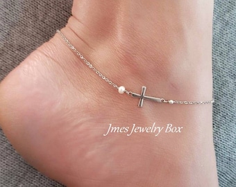 Dainty silver sideways cross anklet with tiny freshwater pearl, Little cross anklet, Tiny cross anklet, Little silver cross ankle bracelet