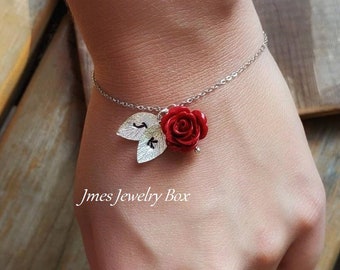 Red rose bracelet with initial leaf, Red rose bracelet, Silver initial bracelet, Beauty and the beast bracelet, Bridesmaids jewelry