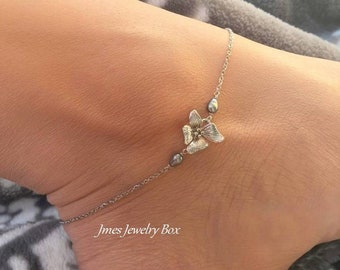 Silver flower anklet with freshwater pearls, Silver orchid anklet, Little flower ankle bracelet, Silver flower jewelry