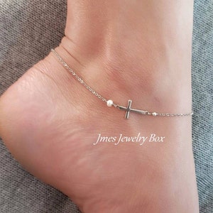 Dainty silver sideways cross anklet with tiny freshwater pearl, Little cross anklet, Tiny cross anklet, Little silver cross ankle bracelet