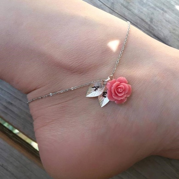 Pink rose anklet with initials, Personalized flower anklet, Salmon pink rose anklet, Coral rose anklet, Initial anklet, Flower anklet