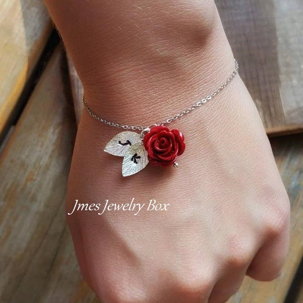 Red rose bracelet with initial leaf, Red rose bracelet, Silver initial bracelet, Beauty and the beast bracelet, Bridesmaids jewelry