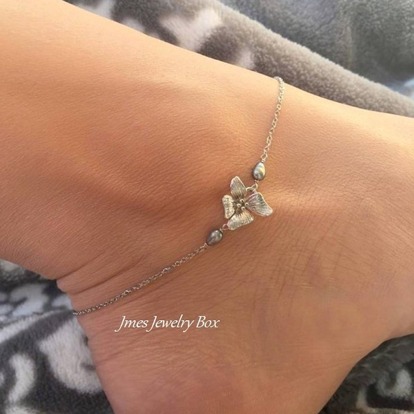 Silver flower anklet with freshwater pearls, Silver orchid anklet, Little flower ankle bracelet, Silver flower jewelry