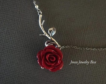 Silver branch and red rose anklet, Rose branch anklet, Red rose ankle bracelet, Tiny silver branch anklet, Beauty and the beast anklet