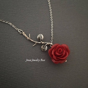 Silver branch necklace with red rose, Rose branch necklace, Red rose necklace, Beauty and the beast necklace, Tiny silver branch necklace