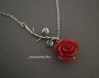 Silver branch necklace with red rose, Rose branch necklace, Red rose necklace, Beauty and the beast necklace, Tiny silver branch necklace