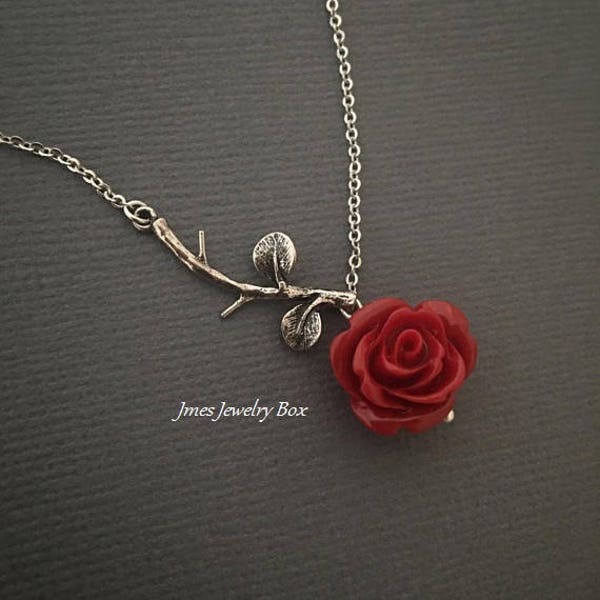 Silver branch necklace with red rose, Rose branch necklace, Red rose necklace, Beauty and the beast necklace, Tiny silver branch necklace