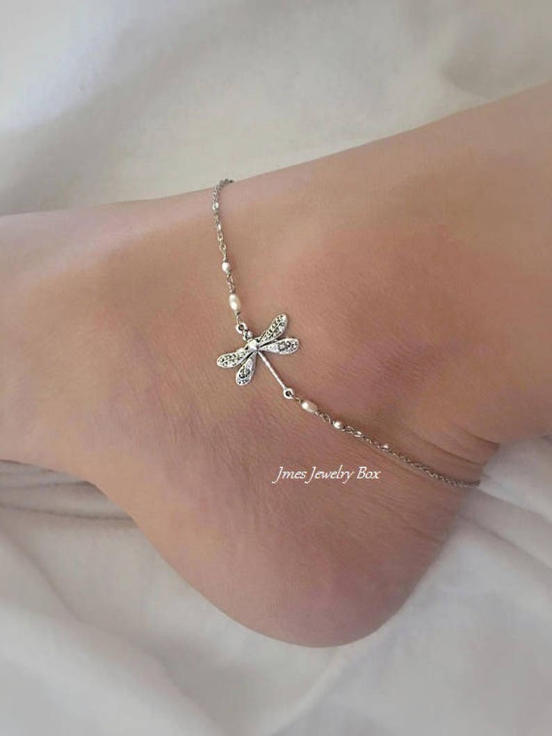 Silver dragonfly anklet Adjustable, Silver dragonfly jewelry, Little silver dragonfly anklet, Silver dragonfly anklets image 1