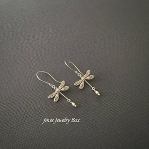 Silver dragonfly earrings with tiny freshwater pearls image 5