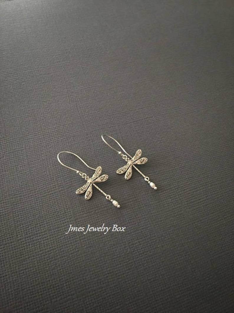 Silver dragonfly earrings with tiny freshwater pearls image 5