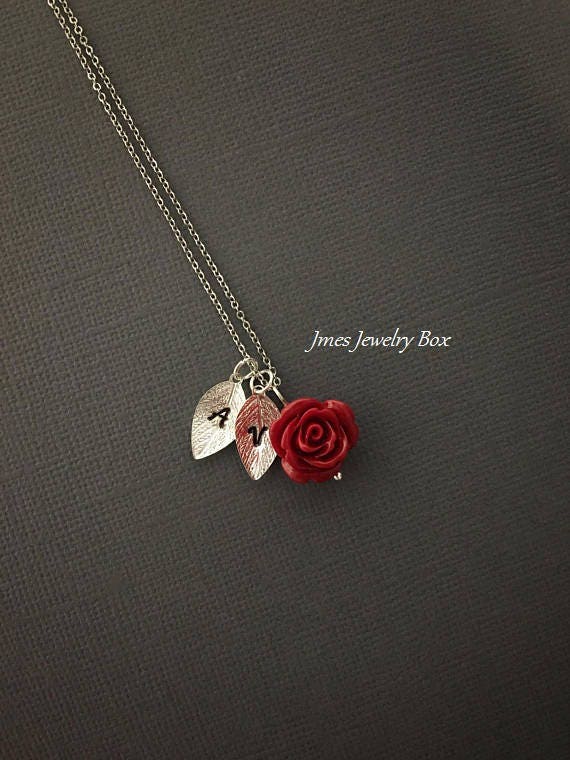 Red Rose Necklace With Initial Leaf Red Rose Necklace Silver Etsy