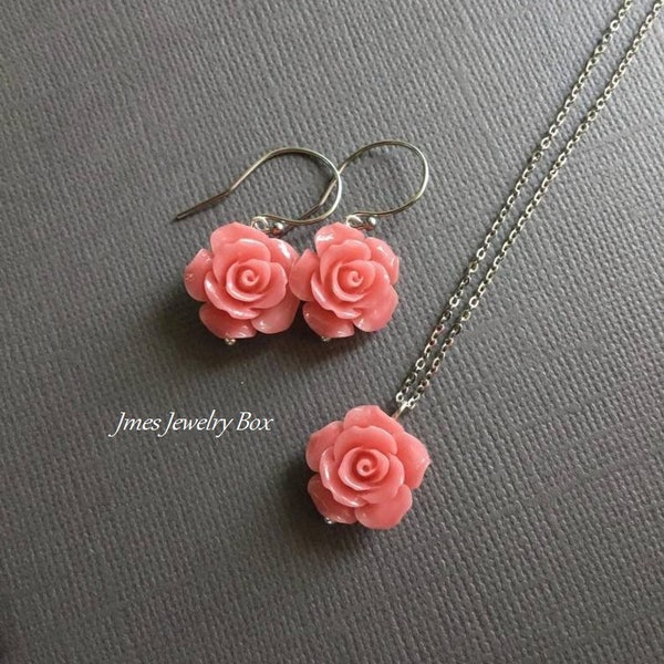 Light coral rose necklace and earring set, Pink rose earrings, Pink rose necklace, Salmon pink rose, Light coral flower jewelry