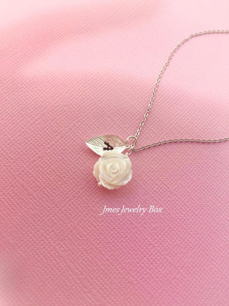 White Shell Rose Necklace With Initial Leaves White Rose - Etsy