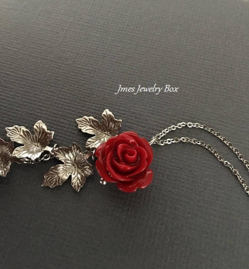 Red Rose Necklace With Cascading Silver Leaves Rose Branch Etsy