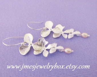 Silver falling orchid earrings, Silver flower earrings with pearls, Silver orchid earrings, Flower dangle earrings