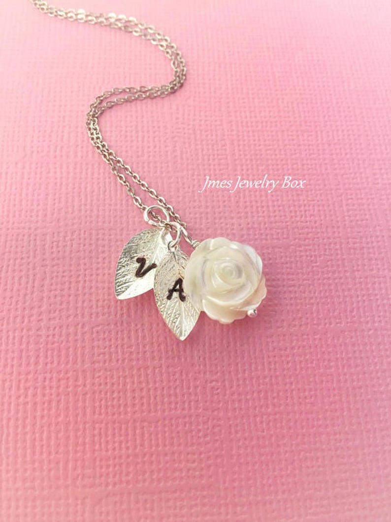 White Shell Rose Necklace With Initial Leaves White Rose - Etsy