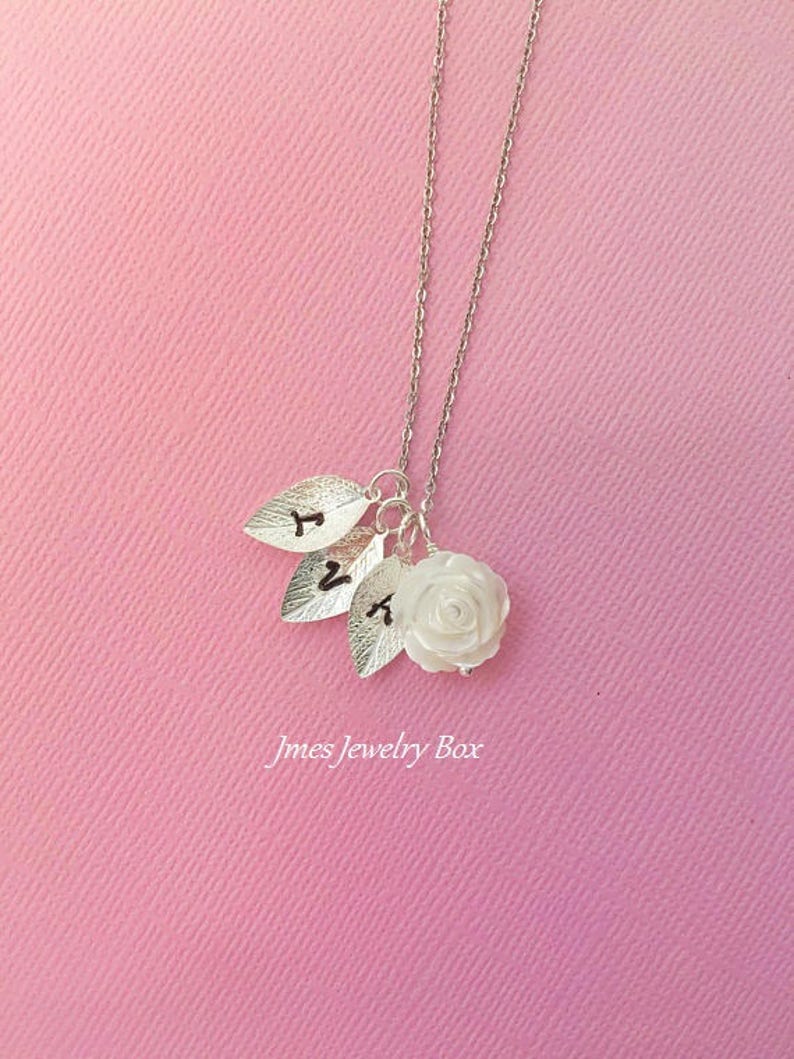 White Shell Rose Necklace With Initial Leaves White Rose - Etsy