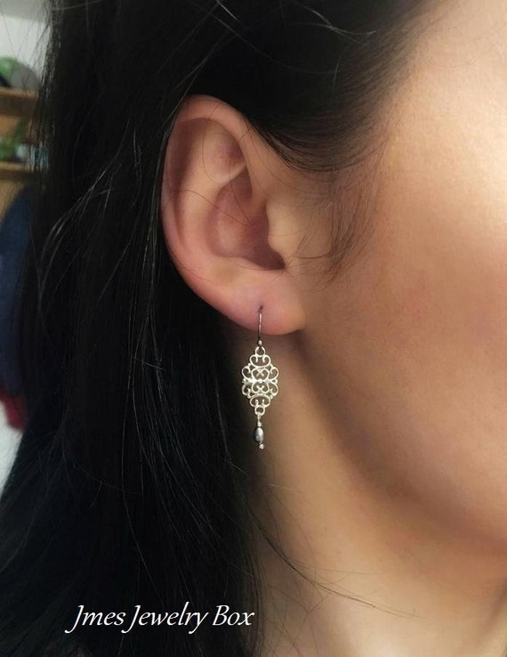 Victorian earrings, Silver floral filigree earrings with little freshwater pearls, Tiny silver filigree earrings, Silver floral earrings