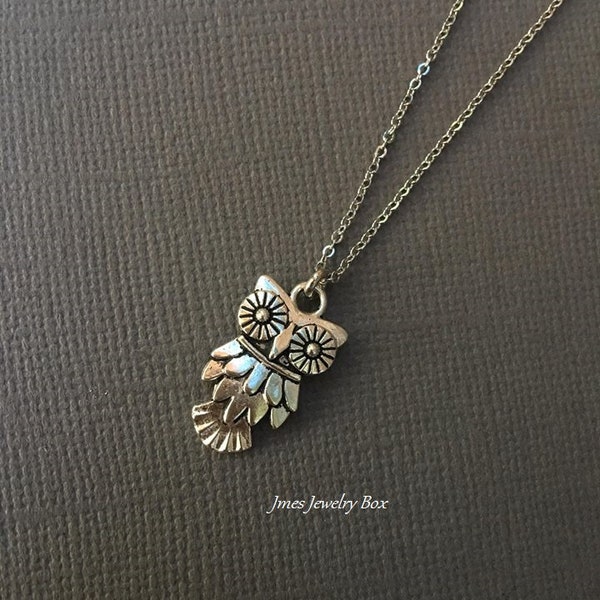 Little silver owl necklace, Silver owl pendant, Sweet little owl necklace, Silver owl jewelry