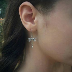 Silver dragonfly earrings with tiny freshwater pearls image 8