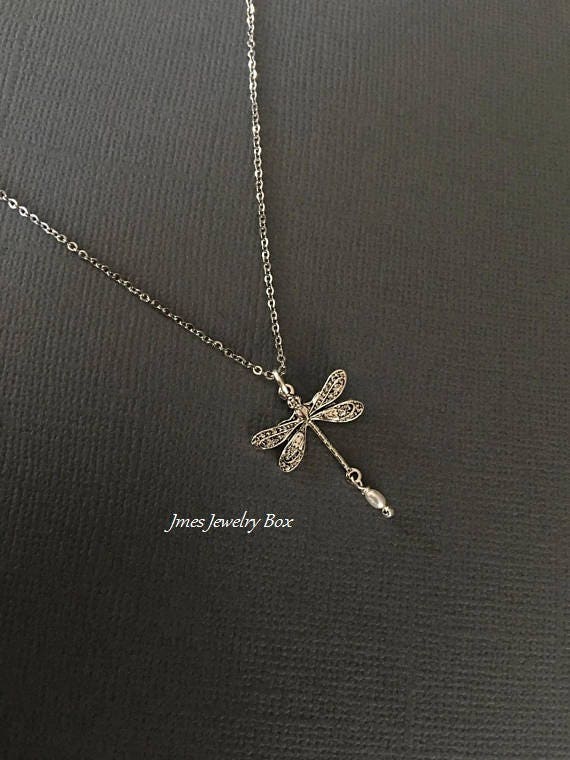 Silver dragonfly necklace with tiny freshwater pearl, Silver insect necklace, Little dragonfly necklace, Silver stacking necklace